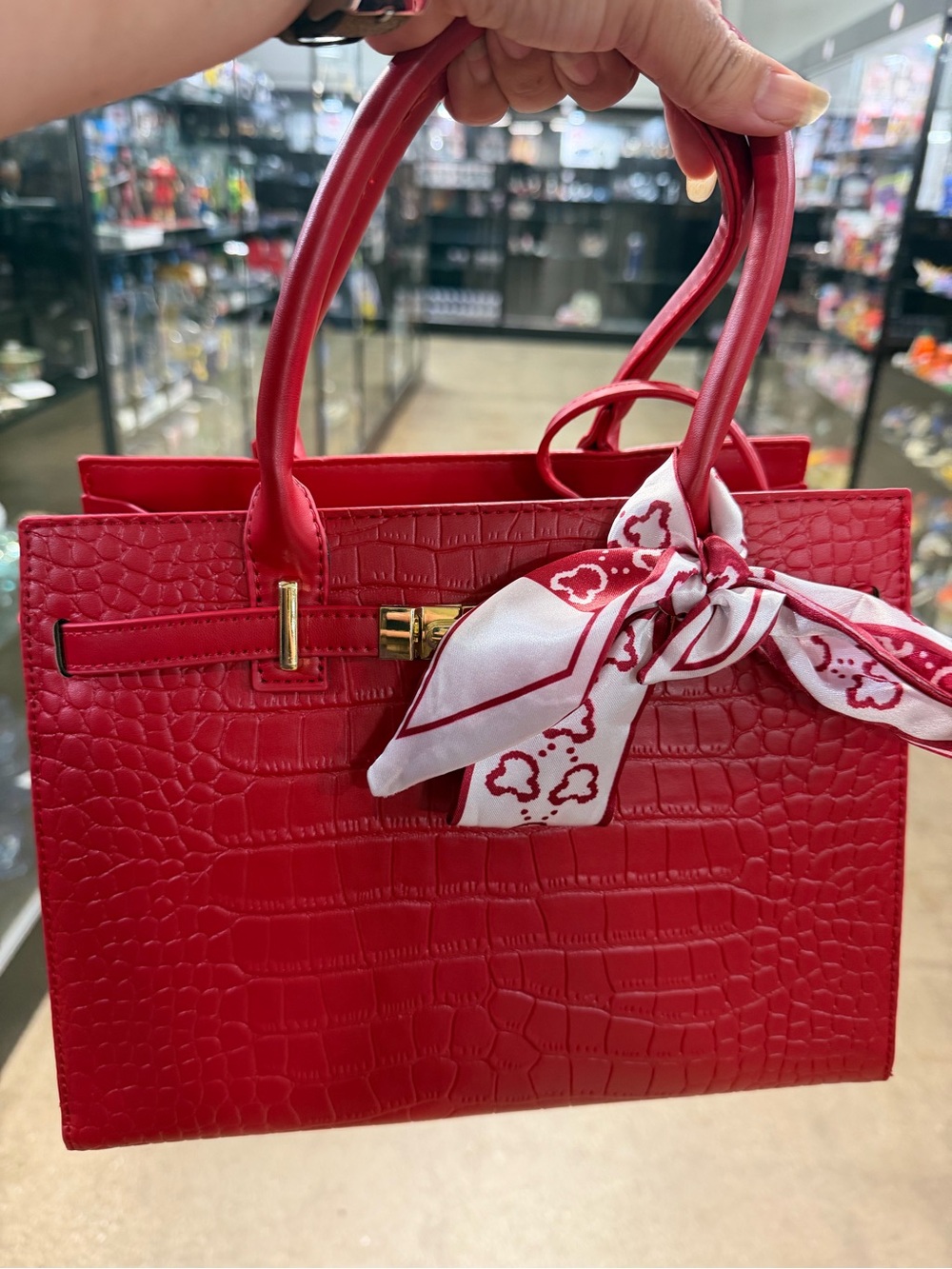 Red Croc-Embossed Top-Handle Bag with Scarf Accent